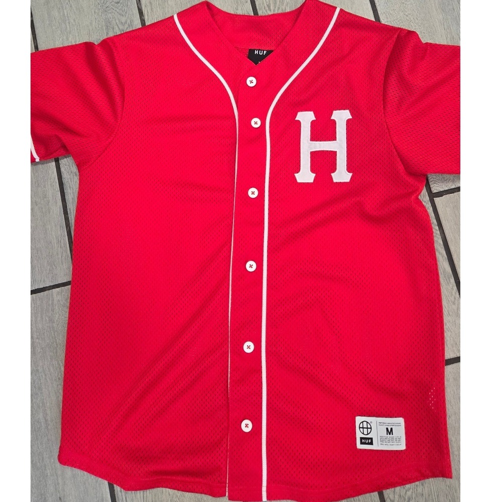 HUF Mens Red Mesh Baseball Jersey H Logo Button Up Streetwear Shirt Size M